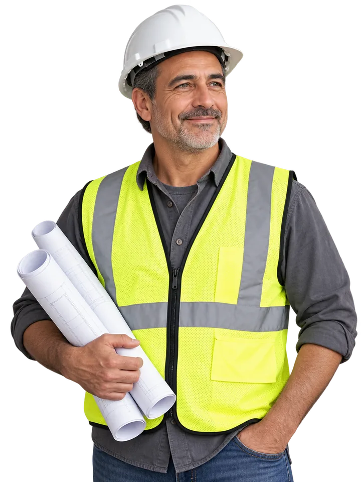 Entrepreneur en casque de chantier et veste haute visibilité, plans roulés sous le bras