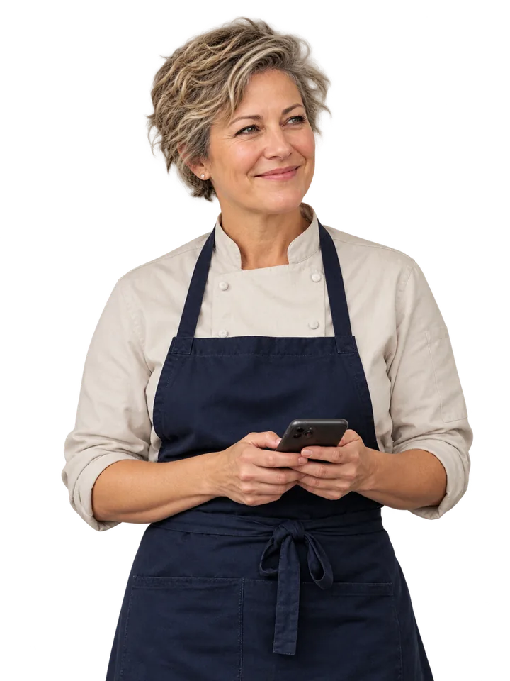 Cheffe propriétaire de restaurant en tablier, un téléphone à la main