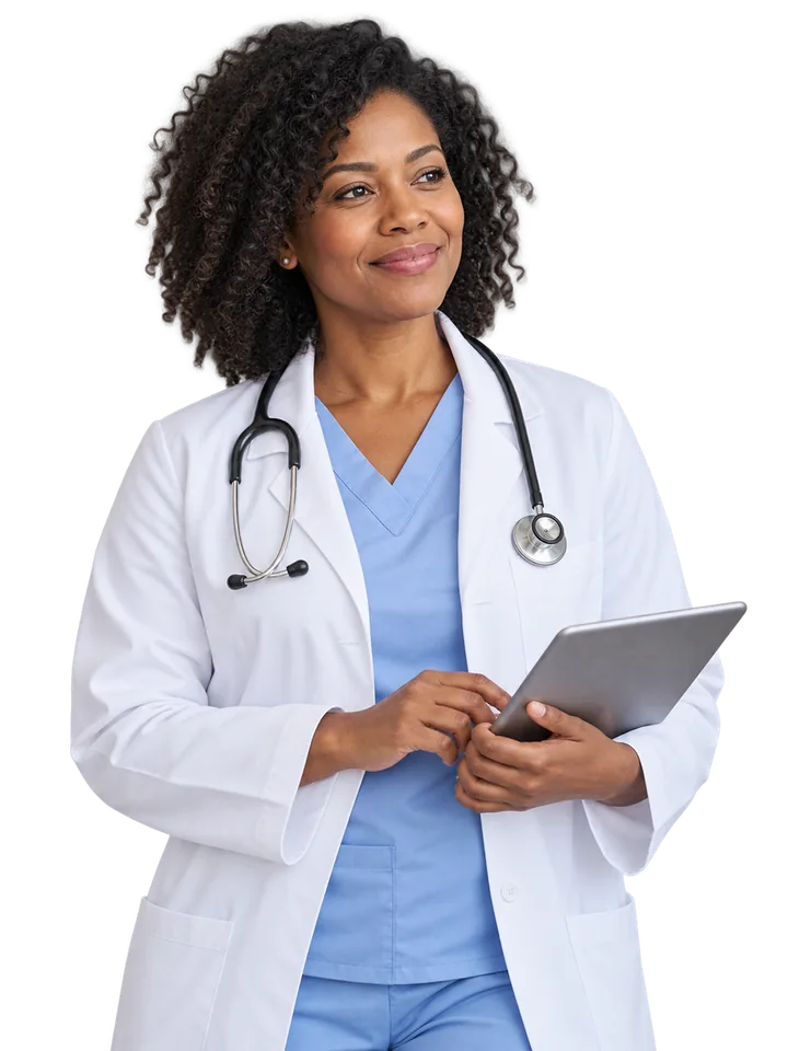 Médecin souriante en sarrau, stéthoscope au cou, une tablette à la main